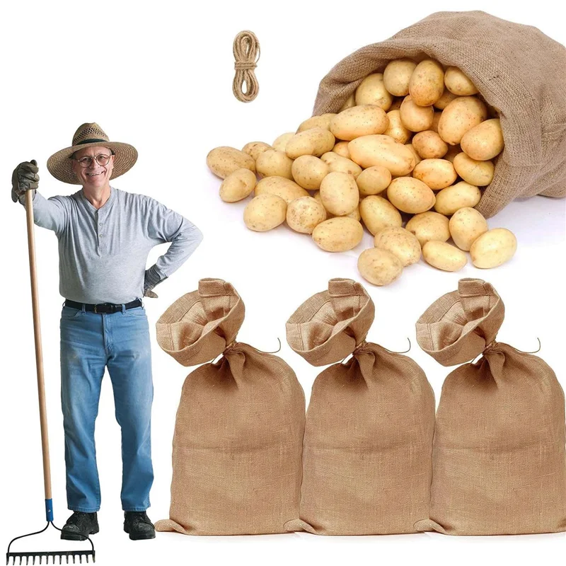 Grands sacs en toile de jute robustes, 4 pièces, sacs de rangement de pommes de terre en Jute marron avec cordes de 32.8 pieds, sacs de pommes de terre réutilisables