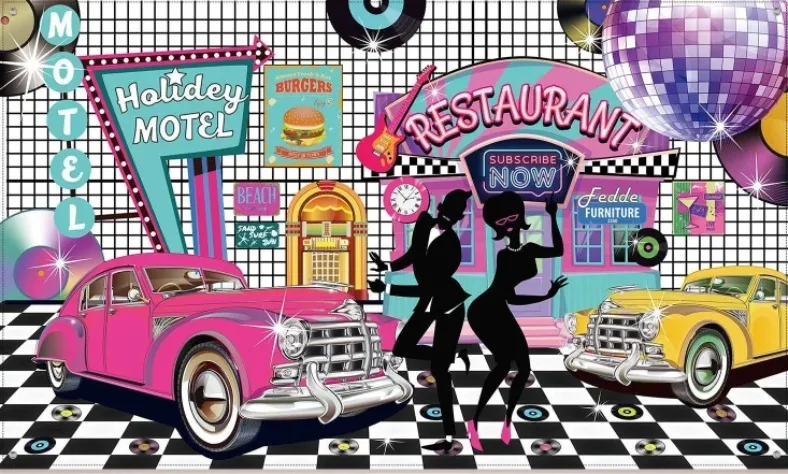 Fondo de fiesta de cumpleaños de Rock Roll, fondos fotográficos Retro, hora de comedor, tienda de comida rápida, baile de bola, tema de música, 50s