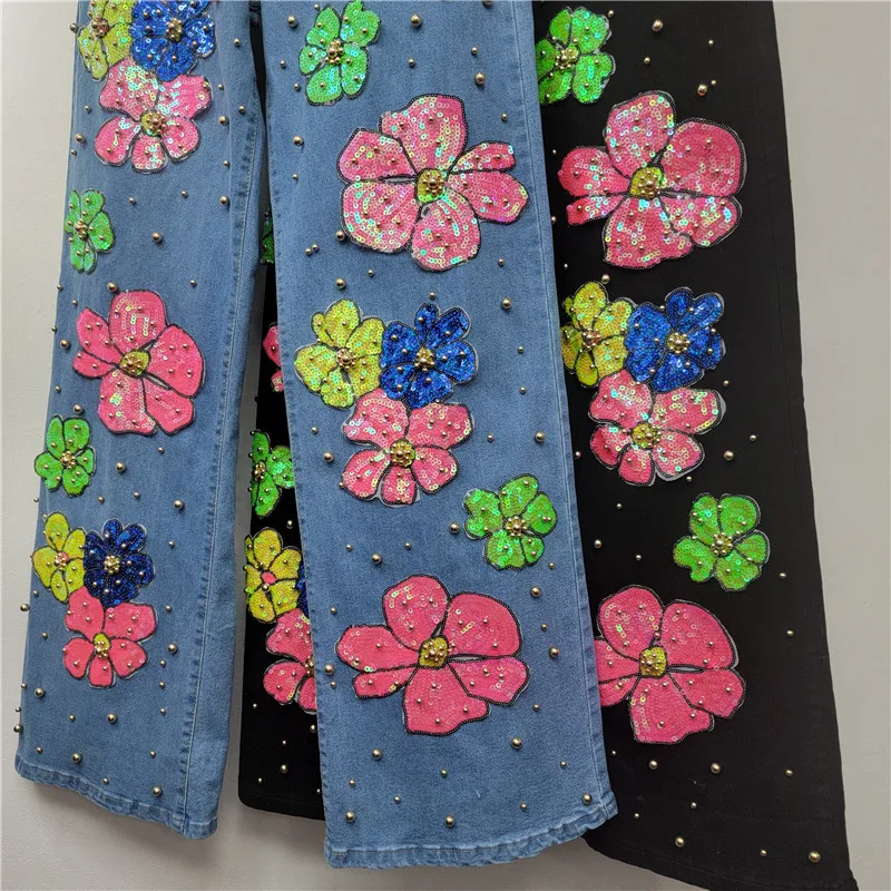 Schwere Perlen-Pailletten-Blumen-Denim-Hose für Damen, trendige 2025, Herbst-Neue, lockere, schlankmachende, vielseitige Jeans mit weitem Bein