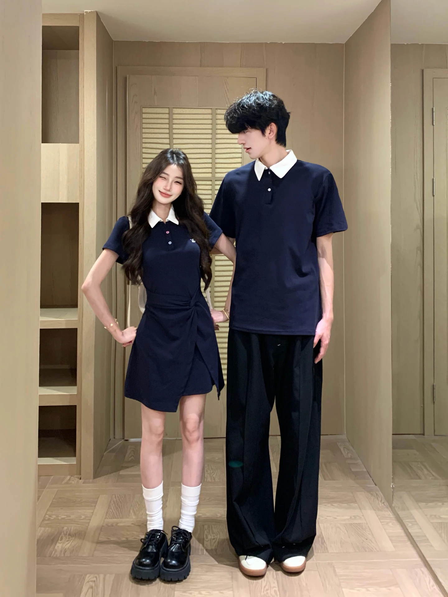 Casual Preppy Style Couple Matching Short Sleeve  Neck T-Shirt Waist Cinched Slimming Effect Dress One Skirt One Top