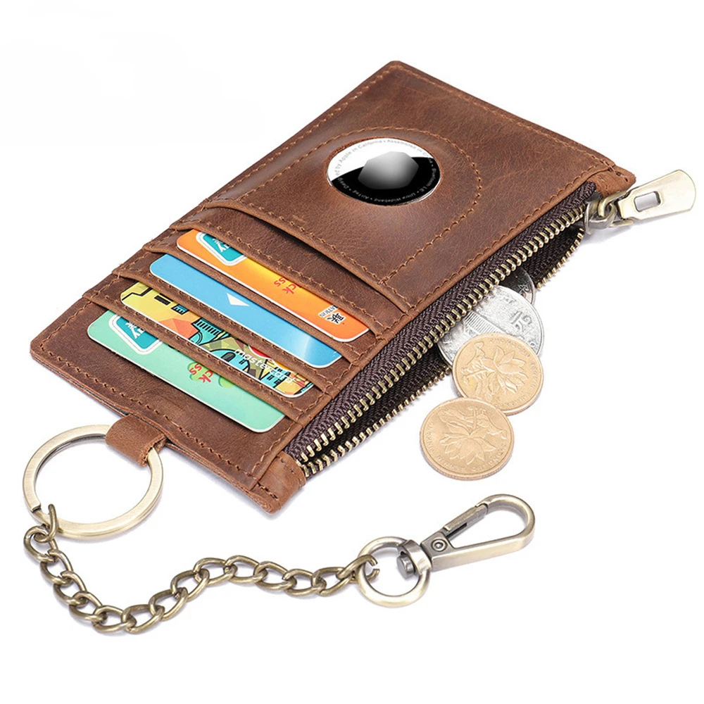 Men's Genuine Leather Wallet with Chain for AirTag Mens Crazy Horse Air Tag Smart Wallets ID Bank Credit Card Holder Coin Purse