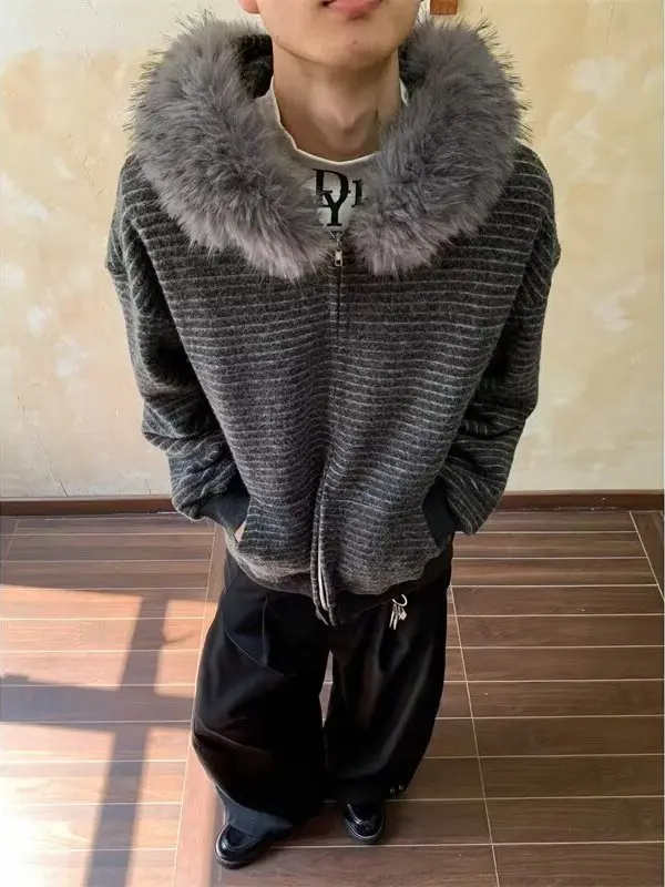 

American Retro Striped Fur Collar Men's Jaet Autumn Haome Hooded Open Cardigan Cleanfit Sweatirt Outerwear