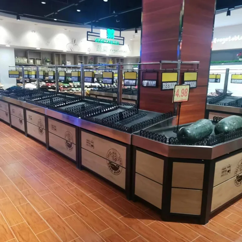 custom.Heavy Duty Double-Sided Metallic Grocery Display Rack Supermarket Vegetable and Fruit Shelf Storage