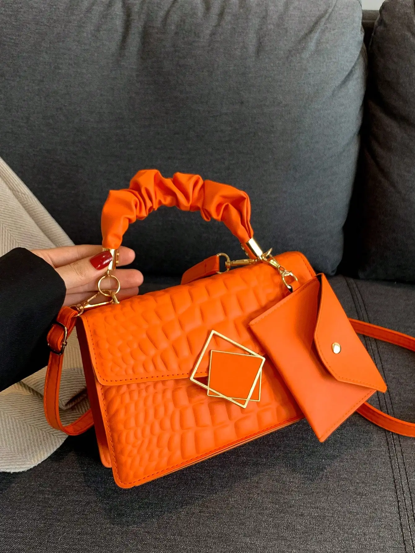 

Vibrant Orange Quilted Mini Top-Handle Bag with Ruched Handle & Detachable Pouch