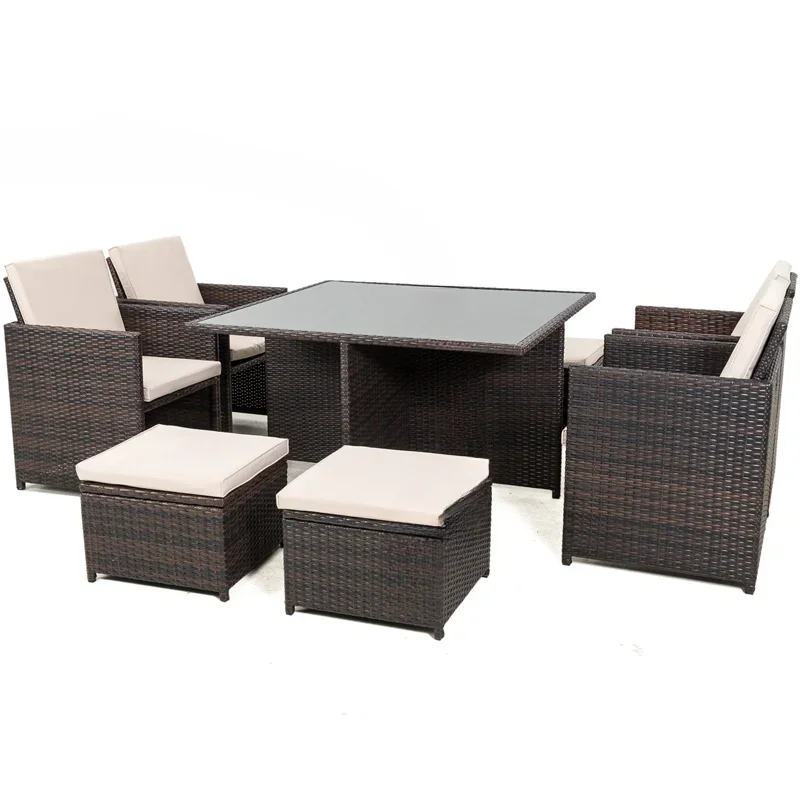 Space Saving 9Pcs Rattan Cube Dinging Table And Chairs Outdoor Patio Furniture Garden Set For Restaurant