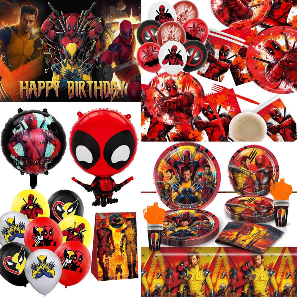 Globos de Deadpool y Wolverine, pancarta de cumpleaños, decoración de fiesta, adornos para pasteles, vajilla desechable, fondo, pegatina de superhéroe