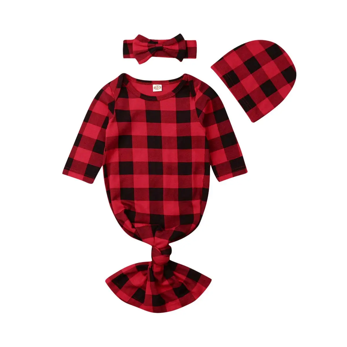 

Baby Sleeping Bag With Beanie Hat Hair Band Long Sleeve Envelope Neckline Sleepwear Plaid Stretchy Nightgown