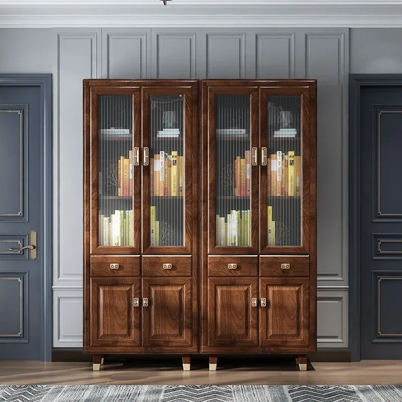 

Современный книжный шкаф-стеллаж из массива дерева со стеклянными дверцами в новом китайском стиле для гостиной, комбинированный шкаф для хранения и документов для офиса.
