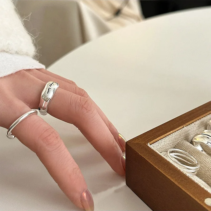 925 Sterling Zilveren Eenvoudige Retro Letters Ringen Voor Vrouwen Geometrische Mode Smiple Open Handgemaakte Allergie Feest Sieraden Geschenk