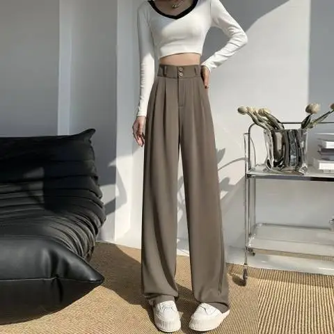 Women’s Wide Leg Pants Women Korean Style High Waist Black Trouser Office Ladies Fashion Loose Grey Suit Trousers Streetwear