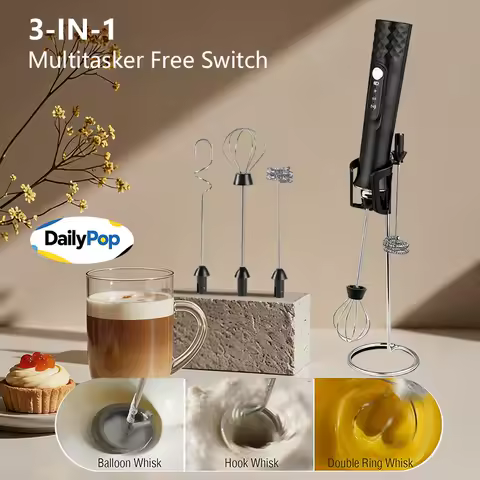 3 Whisks Electric Hanheld Milk Frother with Stand 3 Speeds Rechargeable Foam Maker For Coffee Matcha, Gifts Idea For Lovers