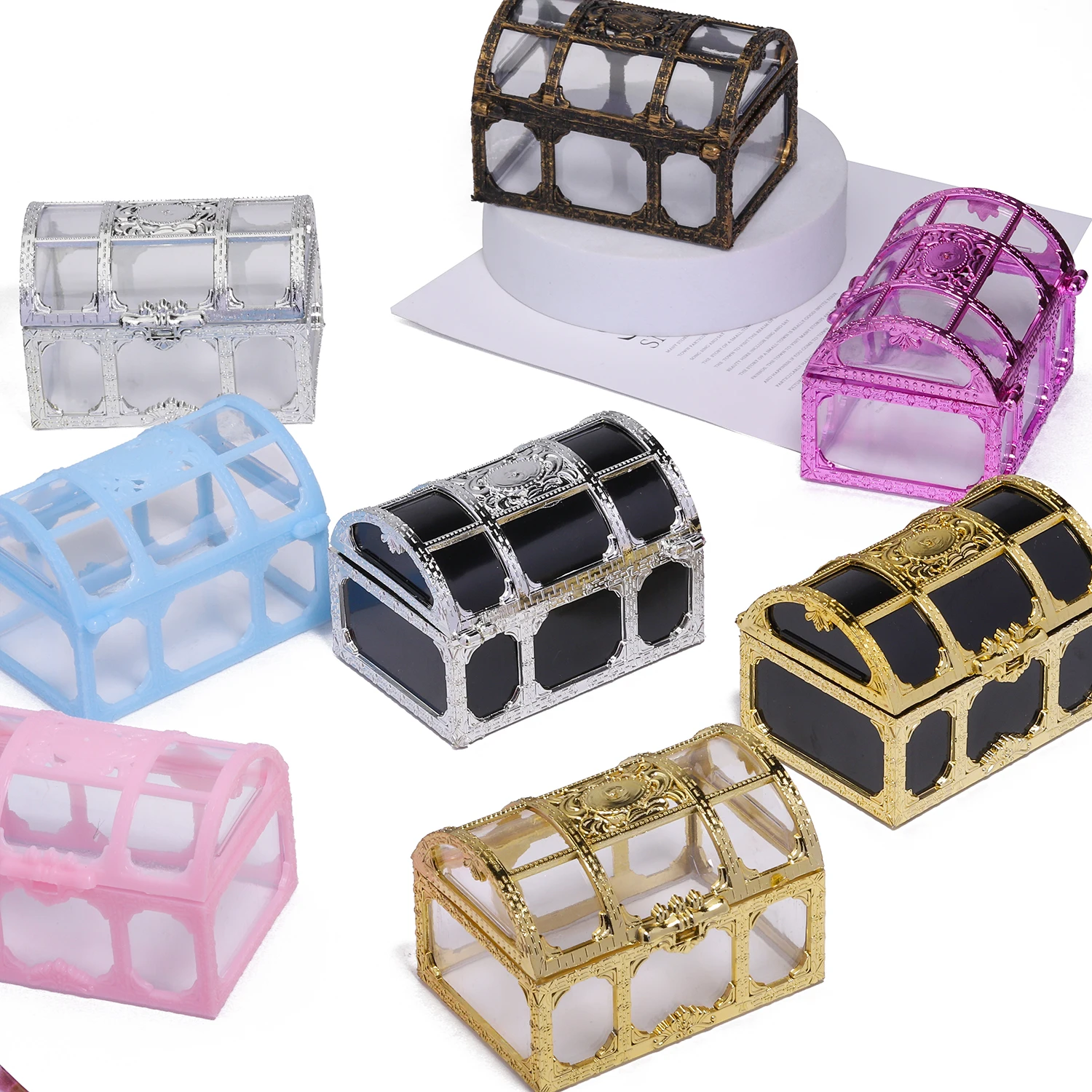 

1Pcs Vintage Transparent Storage Organizer Box Treasure Chest Pirate Treasure Box Crystal Gem Jewelry Box Plastic Earrings Chest