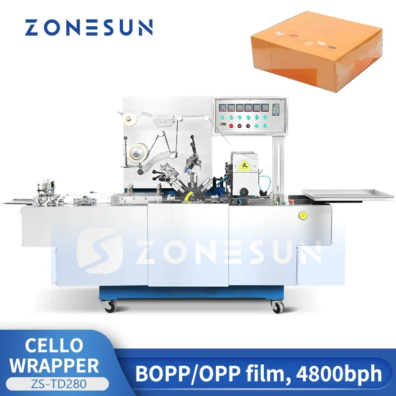 ZONESUN Automatic Cellophane Packaging Machine Cello Wrapper Boxes Overwrapping Product Packing Equipment ZS-TD280