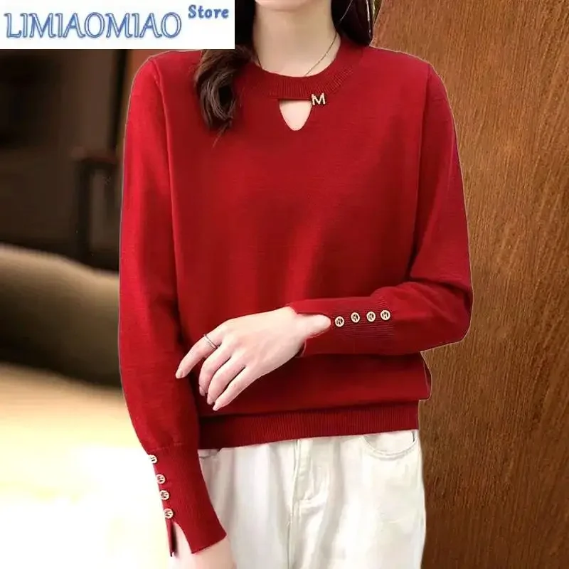 

Autumn Winter Women Clothing Round Neck Solid Color Pullover Sweater Knitted Button Long Sleeve Casual Elegant Trendy Tops
