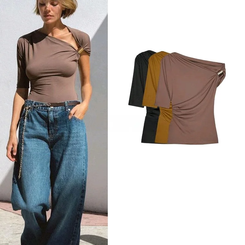 

Новая весенняя женская повседневная нейлоновая футболка с асимметричным дизайном, открытыми плечами, облегающая, с коротким рукавом, однотонная, для женщин