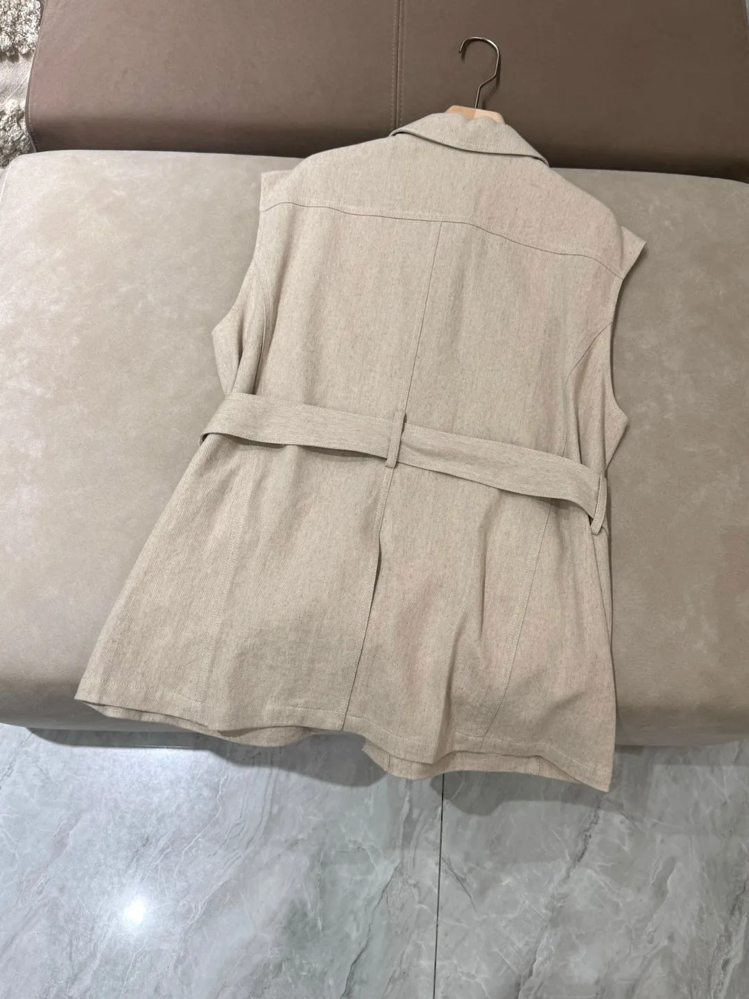Summer casual solid color linen trouser suit with vest