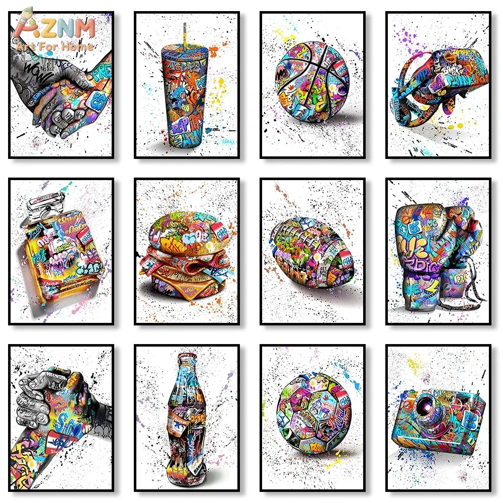 AZNM Street Graffiti Pop Art Canvas Wall Art Basketball Soccer Food Handshake Camera Print Poster Teen Room Decor Unframed Canva