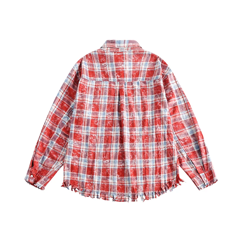 Men Streetwear Fashion Loose Casual Broken Edge Red Plaid Long Sleeve Shirts Women Shirt Boys Girls Y2k Clothes Unisex Blouses