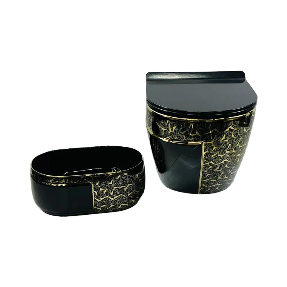 

Modern Eddy Hole Wall-hung Toilet Black and Gold with P-Trap Ceramic Material for Bathroom and Hotel Use