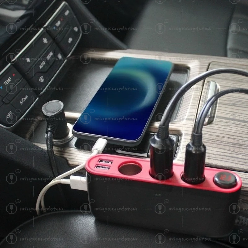 240W Car 1-to-3 Charger with Switch & Voltage Display, 4 USB Ports