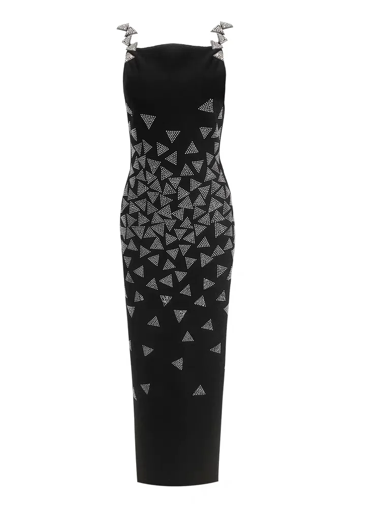 customized evening dress black strappy maxi dress with triangle rhinestone embellishments for modern cocktail parties