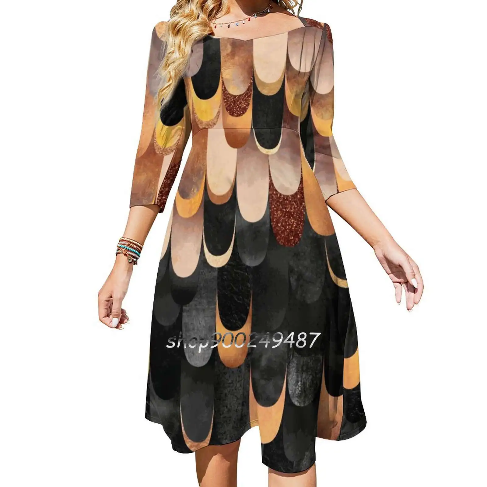 Feathered-Copper And Black Evening Party Dresses Midi Sexy Dress Female Sweet One Piece Dress Korean Graphic Abstract Modern