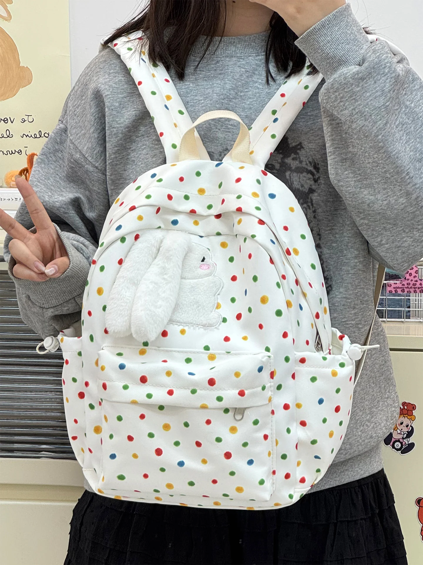 カラフルな水玉模様の防水バックパック女の子用旅行スクールバッグかわいいウサギのデザイン高美的価値ショルダーバッグ