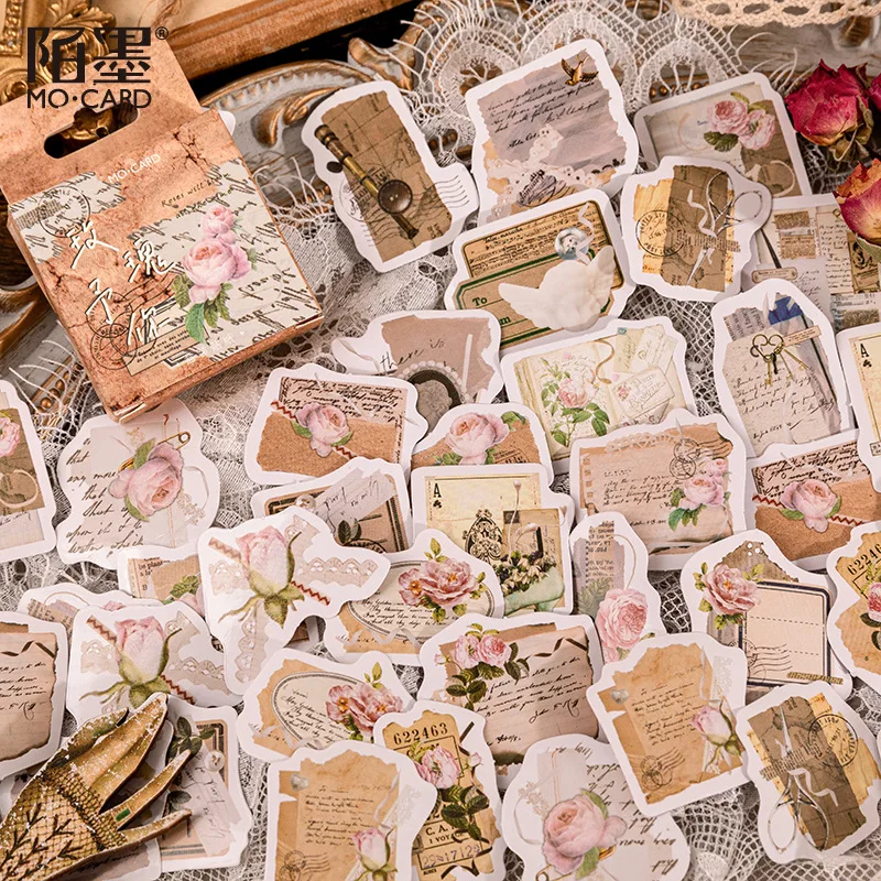 46pcs Vintage Rose Label Stickers Ins Style Collage Junk Journal Planner Decorative DIY Stickers Album Scrapbooking Material