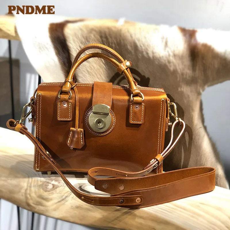 

PNDME vintage luxury designer genuine leather women's handbag outdoor casual organizer real cowhide anti-theft messenger bag