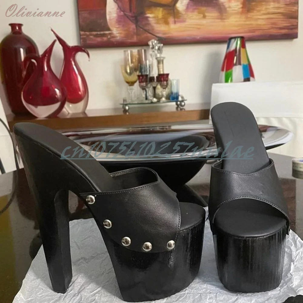 

Black Elegant Side Round Rivets Decor Slippers Peep Toe Chunky High Heel Platform Sexy 2025 Summer New Women Shoes Para Mujere