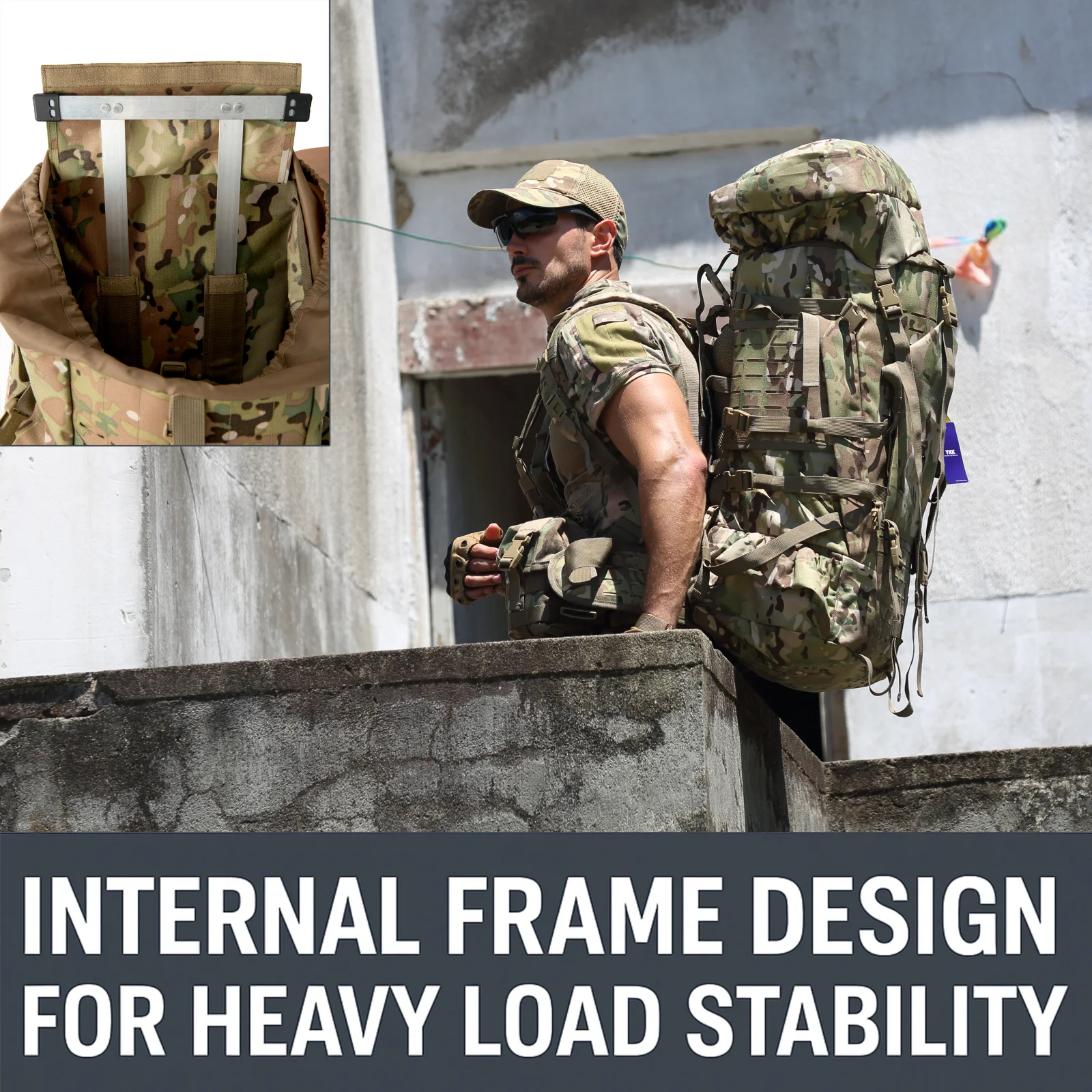 Military ILBE Laser Cut Tactical Backpack 1000D Waterproof With Hydration Pack & Radio Pouch 120L Capacity Camo