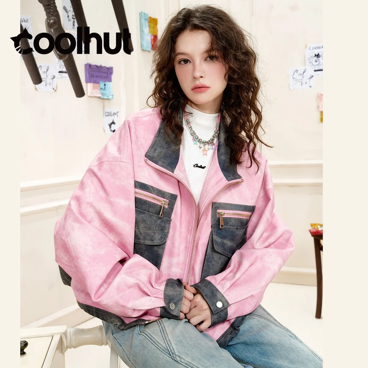 COOLHUT 2025 جديد وصول المرأة خمر الدنيم سترة قصيرة طول سليم صالح التباين جيب صغير فائدة ملابس خارجية الخريف عادية