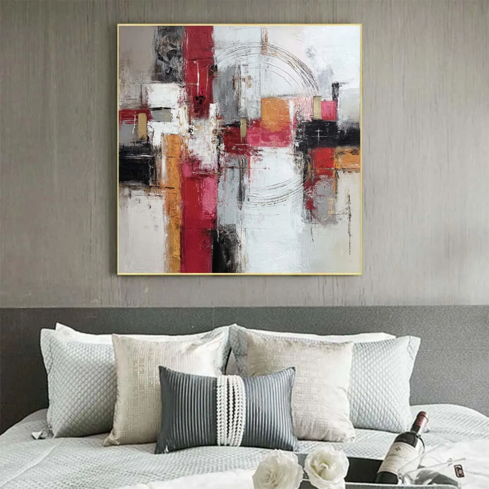 Mhemyo Original Neutral Abstract Oil Painting Hand Painted Textured Modern Canvas Beige and Red Wall Art Large Living Room Decor