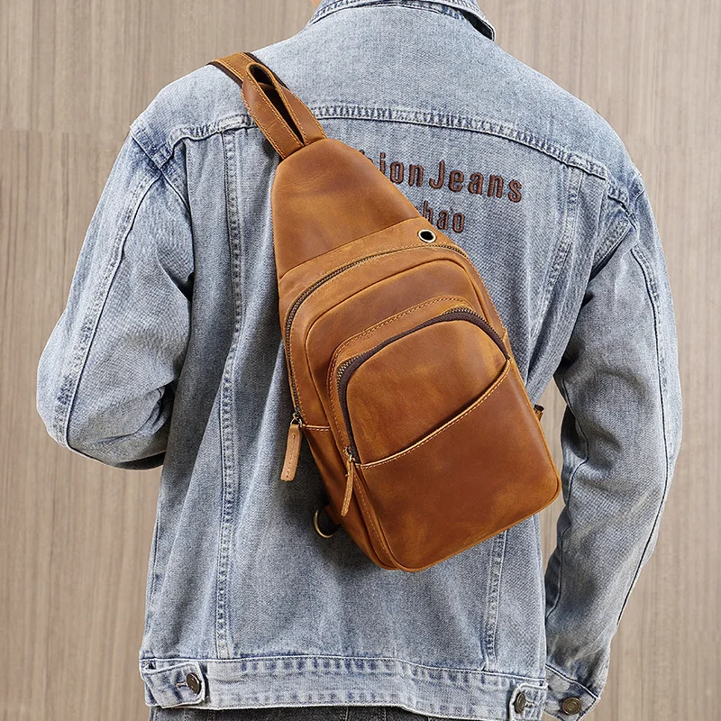 Vintage Crazy Horse Leather Chest Bag Casual Top Tier Cowhide Sports Outdoor Shoulder Bag Crossbody Bag Handmade Leather Trendy