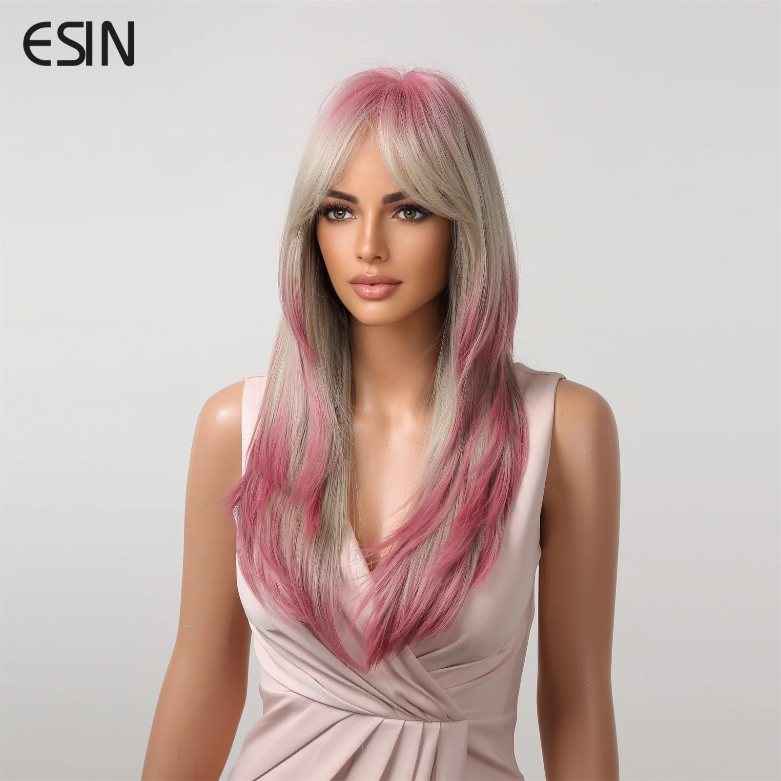 ESIN Synthetic Wig Medium Mixed Brown and Purple Color Wigs for Women Ombre Layered Hair with Dark Roots