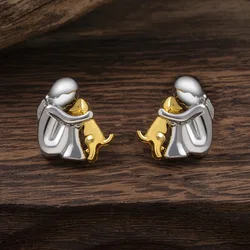 Fashion Gold Silver Plated Little Girl and Dog Stud Earrings Kawaii Puppy Earrings For Women Men