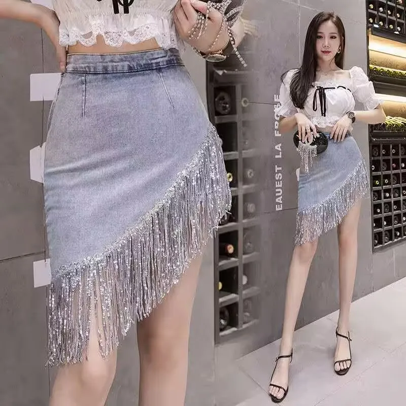 Falda vaquera con borlas y lentejuelas para mujer, falda vaquera azul a la cadera, falda ostentosa Sexy de estilo coreano, falda femenina 2025, verano y otoño