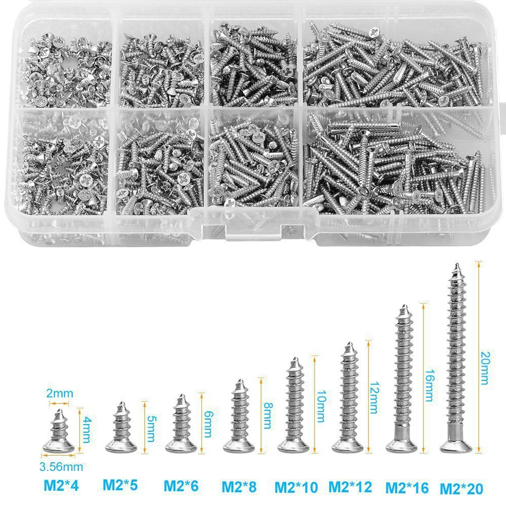 800pcs/box Nickel-Plate Carbon Steel Self Tapping Screw M2x4 M2x5 M2x6 M2x8 M2x10 Assortment Kit Lock Nut Wood Thread Nail Screw