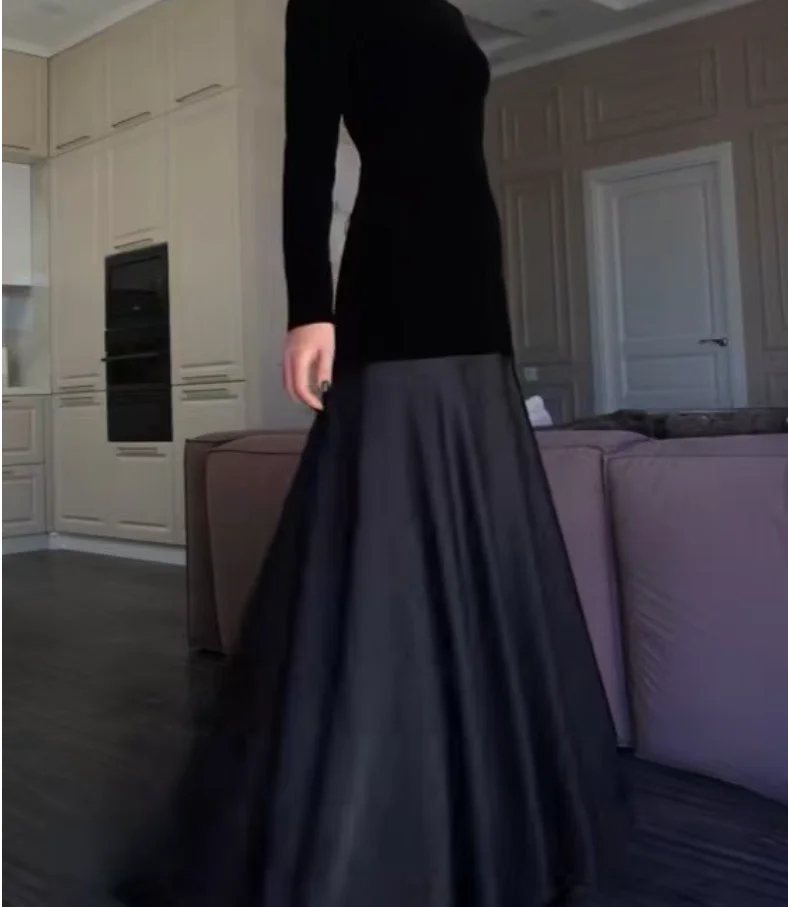 

Women's Gold Velvet Long Sleeved Top Patchwork Satin Large Swing Dress Elegant Casual Maxi Dress