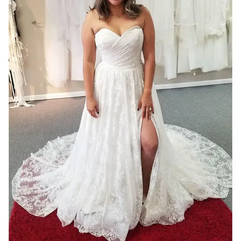 Aangepaste Sweetheart Kant Strand A-lijn Trouwjurk Vestidos De Novia 2023 Geplooid Lijfje Sexy Hoge Kant Split Bruidsjurk
