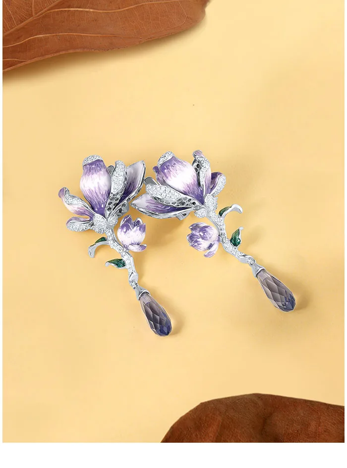 SANTUZZA Real 925 Sterling Silver Drop Earrings For Women White Cubic Zirconia Purple Gradient Enamel Flower Chic Fine Jewelry