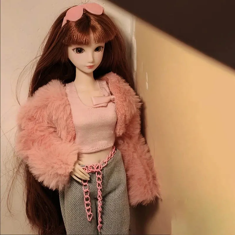 1/6 BJD Supermodel Puppe Kleidung Mode Süße Winter Plüsch Jacke + Weste + Schleife Hosen Set Für 30 cm Puppe Täglichen Dress Up
