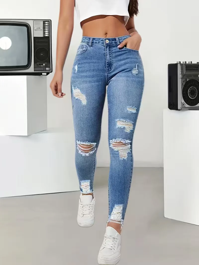 Women's Jeans and Pants High Waist Ripped Stretch Skinny Ankle Length Slim Fit Trendy European Style  Fashion Comfortable