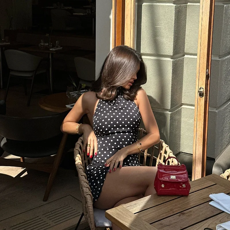 Elegantes, schulterfreies Minikleid mit Polka-Dot-Muster, ärmellos, rückenfrei, hohe Taille, Neckholder, Y2K-Sommermode, Club-Party, Damenkleid – Detail 18