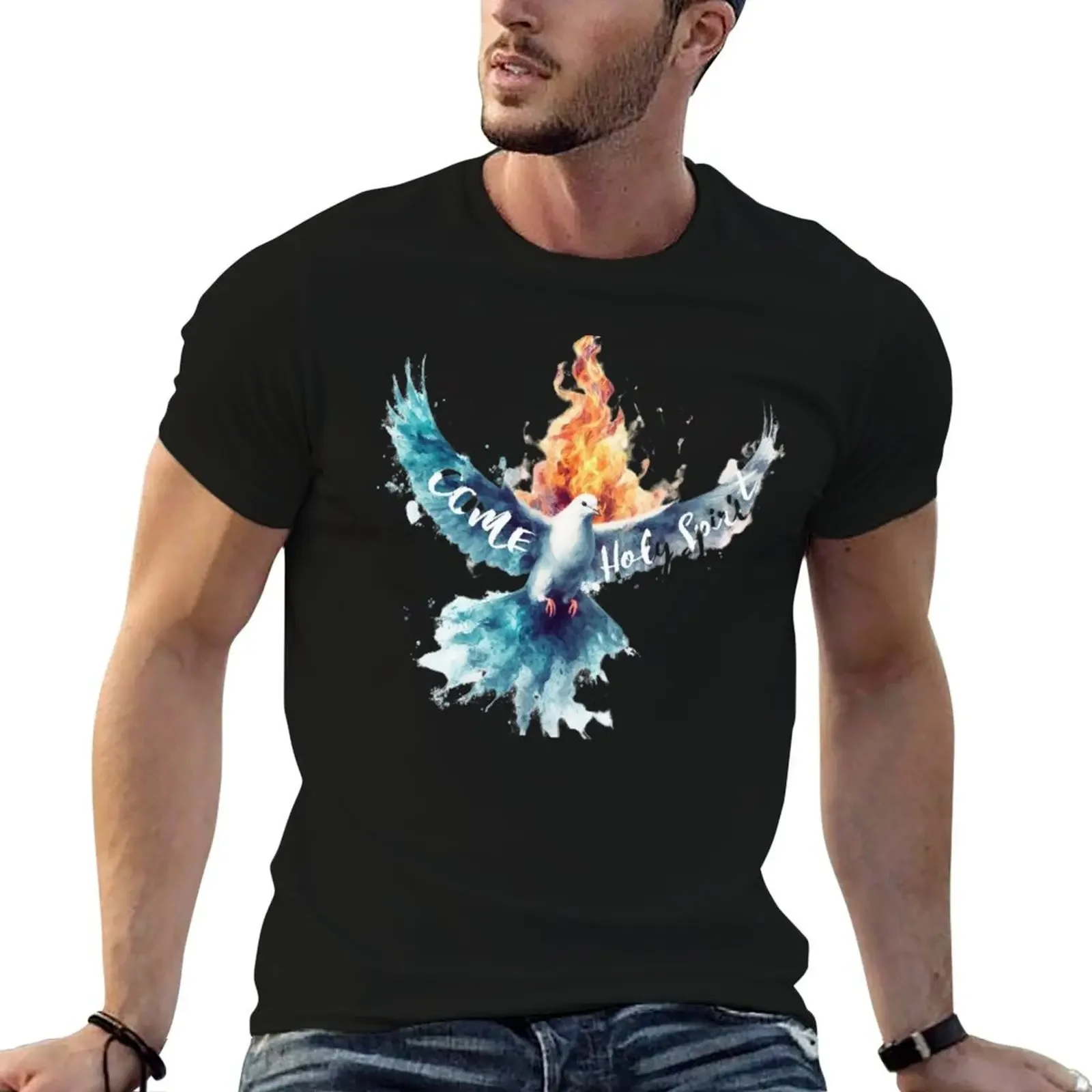 

Come Holy Spirit, Dove, Fire and Water Art T-Shirt heavyweights anime clothes cheap stuff mens t shirts casual stylish