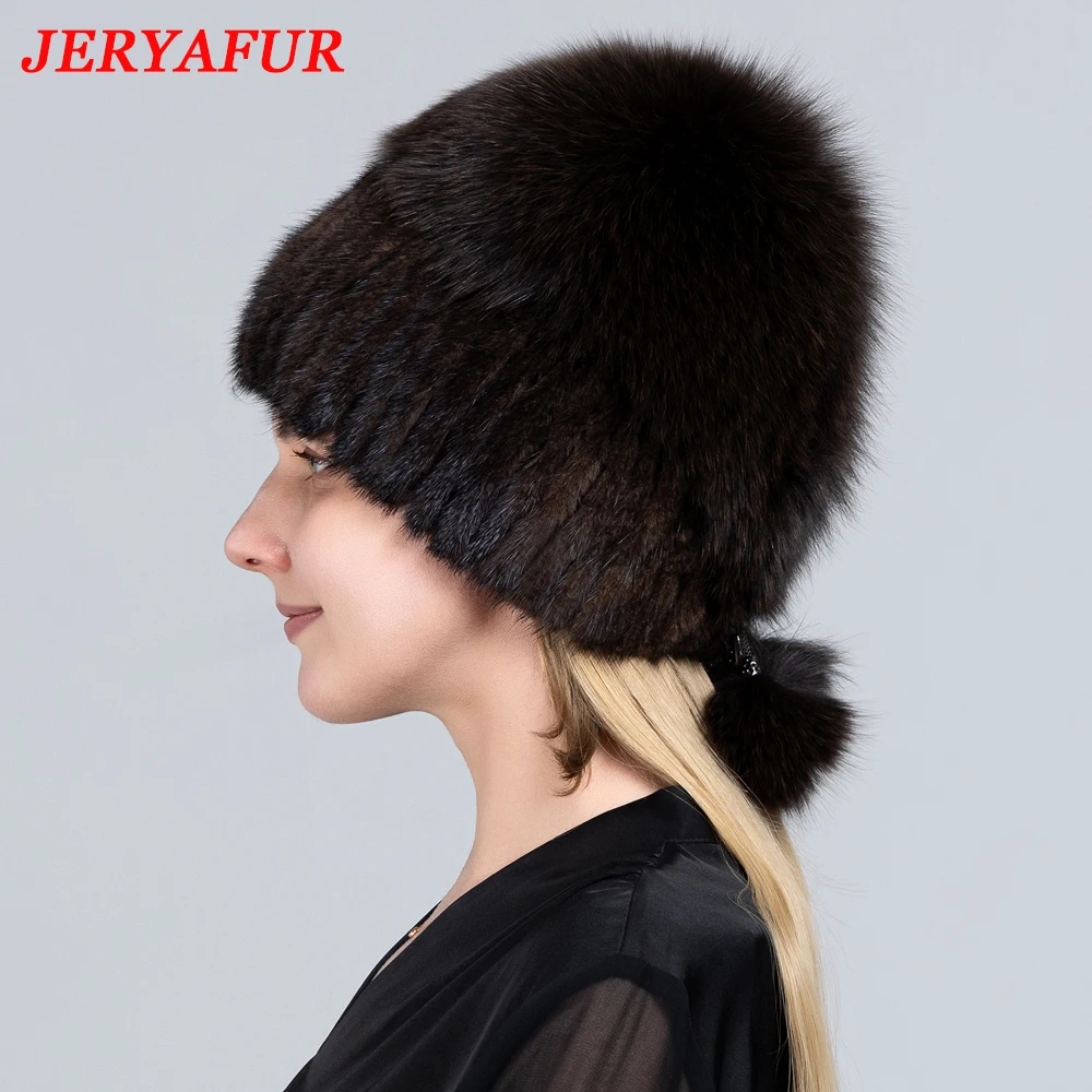 JERYAFUR Women\'s Winter Fur Hat Natural Fur Knitted Mink Fox Pom Pom Fur Hats with Balls Stylish Warm Fashion Girls Beanies Hat