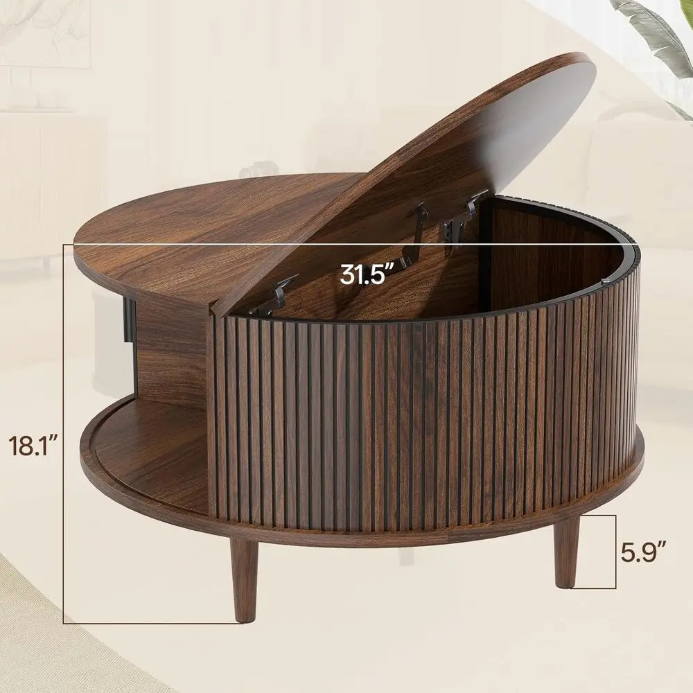 Coffee Table with Storage, Mid Century Modern Coffee Table, Fluted Dining Table with Sliding Door, Circle Coffee Table for Livin