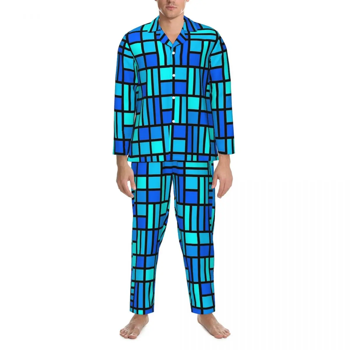 Blue Mondrian Stained Glass Print Sleepwear Spring Casual Oversized Pajama Sets Man Long Sleeves Fashion Night Design Home Suit