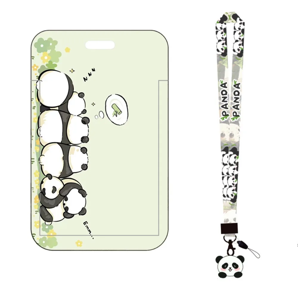 Panda Printing Plastic Card Holder Waterproof with Long Lanyard Slide Card Case ID Card Protective Cover