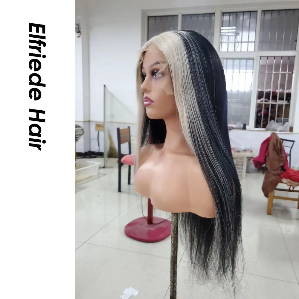 Elfriede Wig lurus #1B/60 Platinum Wig garis sigk Highlight pirang untuk wanita 4x4 13X4 13X6 HD Wig rambut manusia Frontal renda